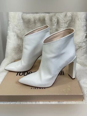 Roberto Cavalli White Baby Calf Leather Heeled Ankle Boots With Box 38 US 7.5